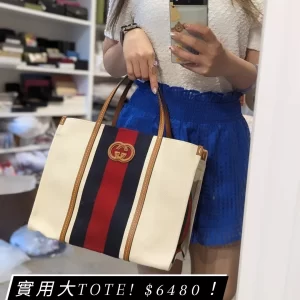 Gucci Canvas Calfskin Web Small Interlocking G Tote Bag Red Blue